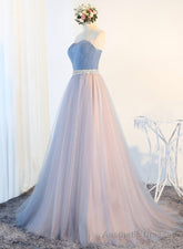 Blue Tulle Long Prom Dresses, A-Line Strapless Evening Dresses